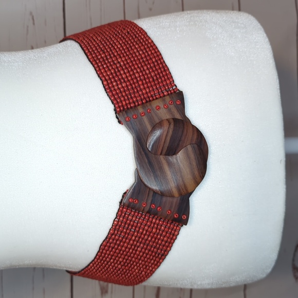 Vtg Glass Bead Wood Stretchy Elastic Belt Burnt Orange‎ Belt Women OS Bohemian main image 8